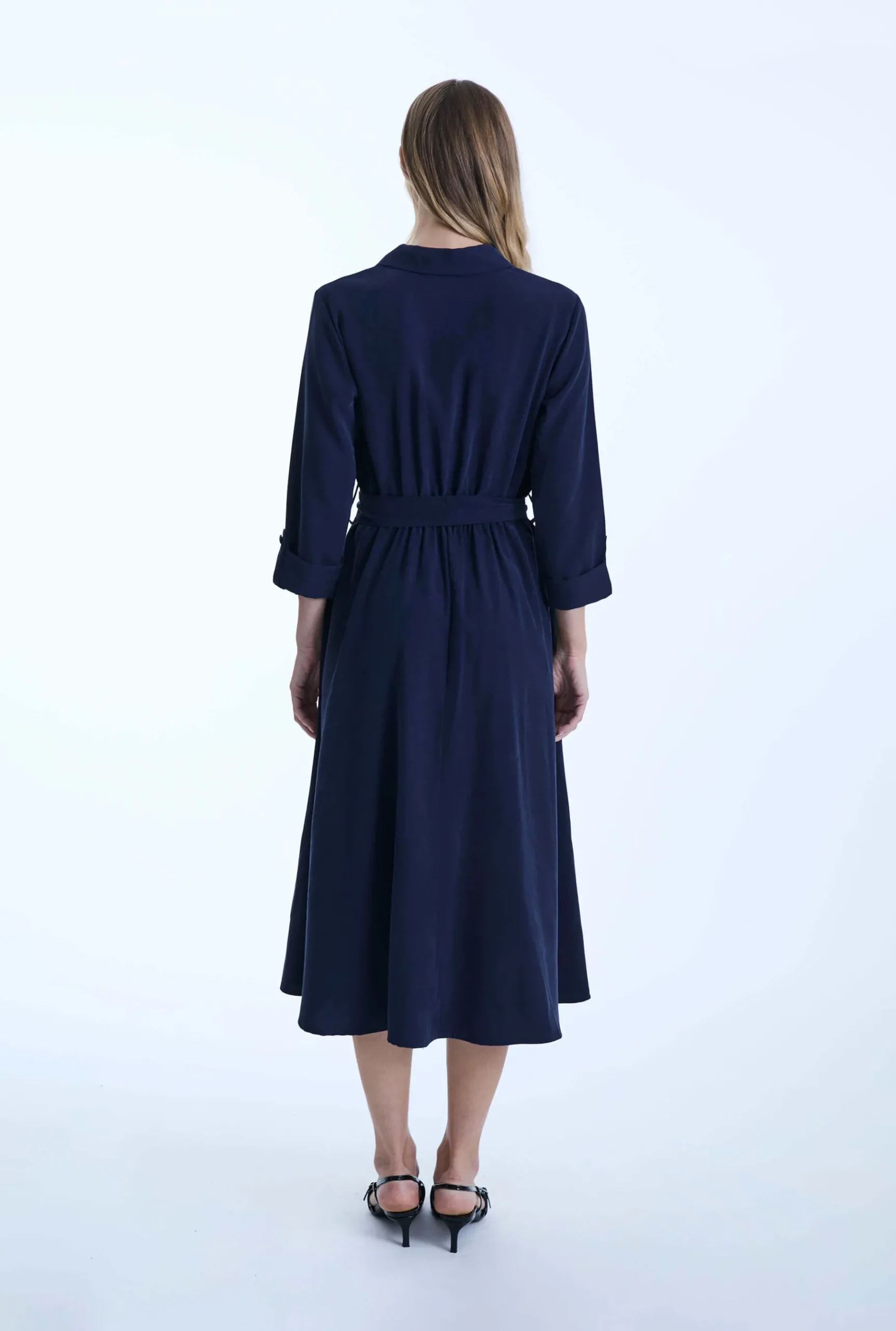James Lakeland Belted Navy Suit Midi Dress