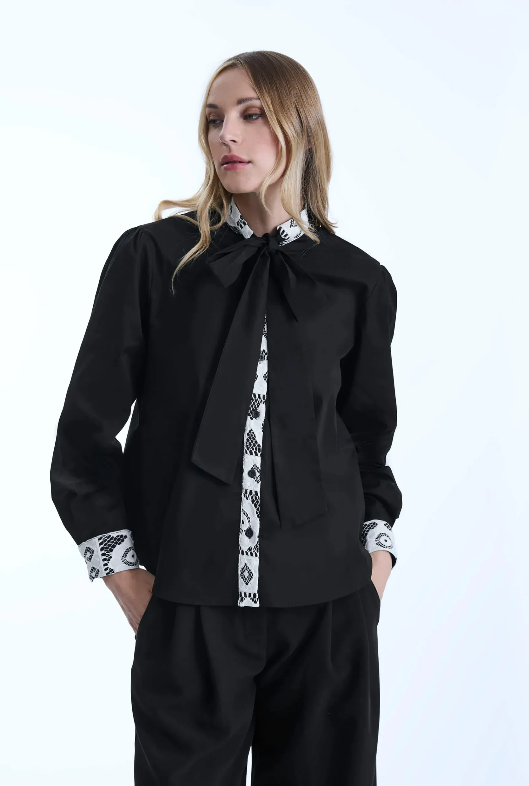 James Lakeland Black Crochet Tie Shirt