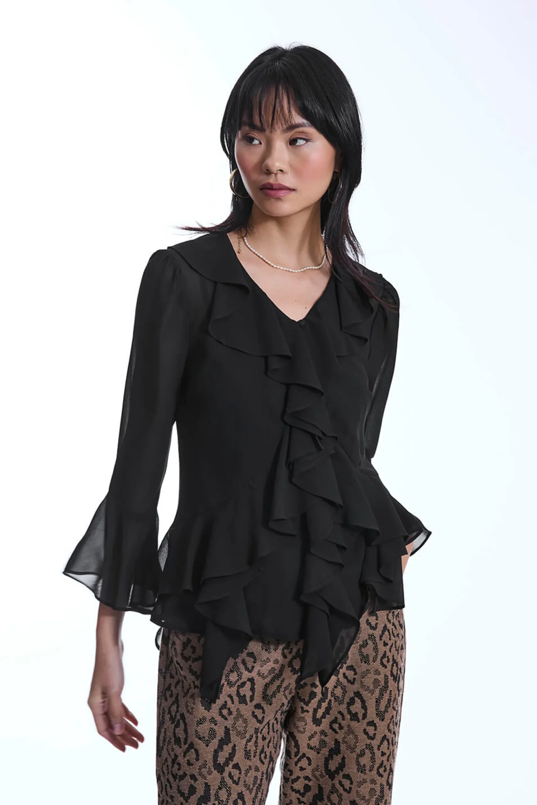 James Lakeland Chiffon Ruffle Black Shirt