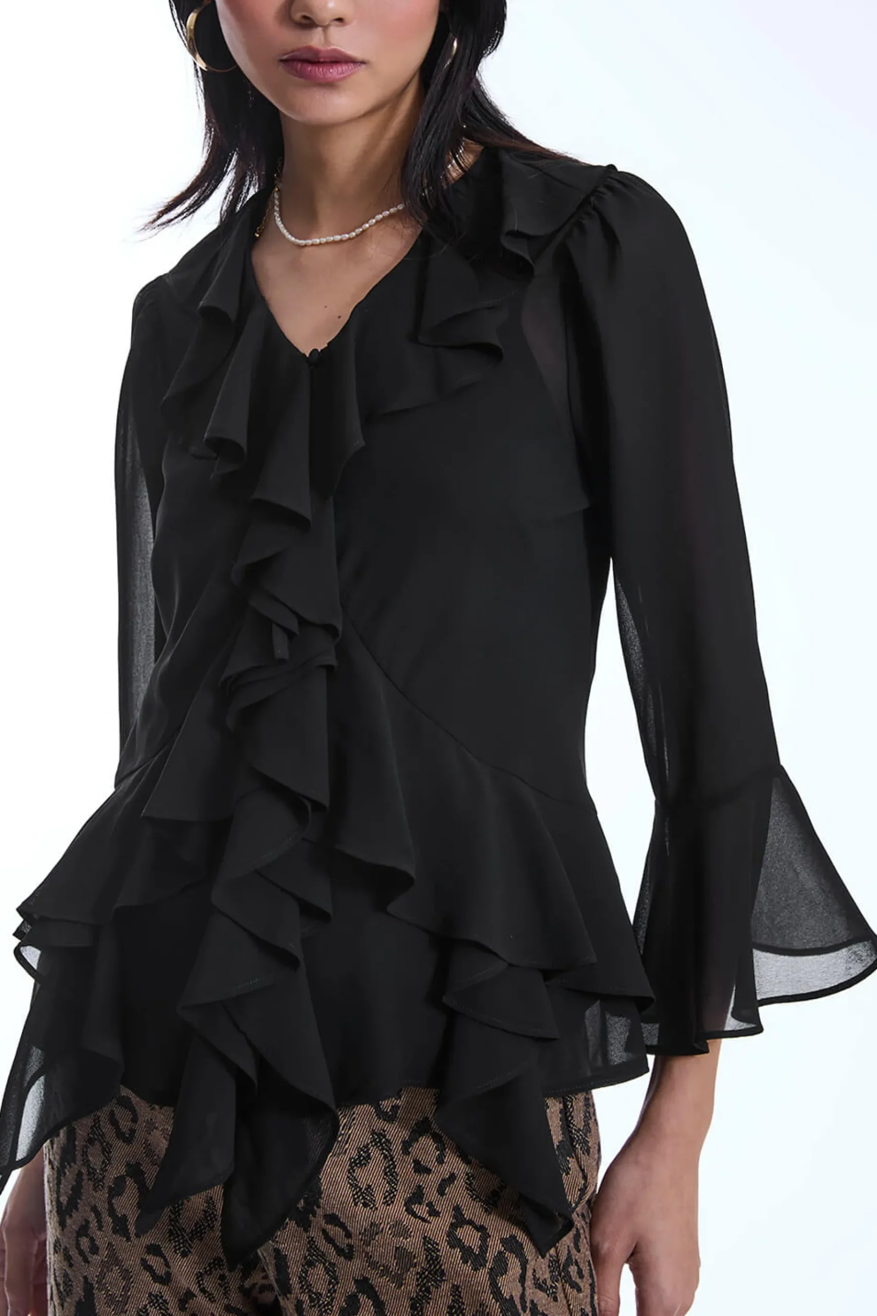 James Lakeland Chiffon Ruffle Black Shirt