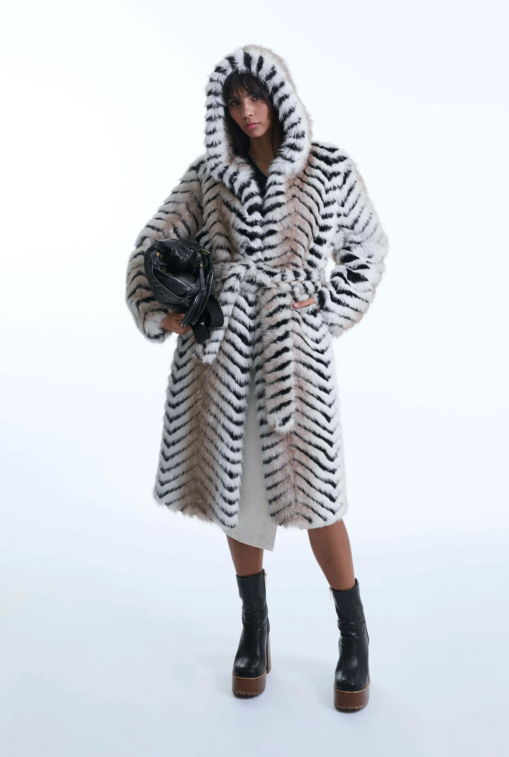 James Lakeland Faux Fox Belted Long Coat