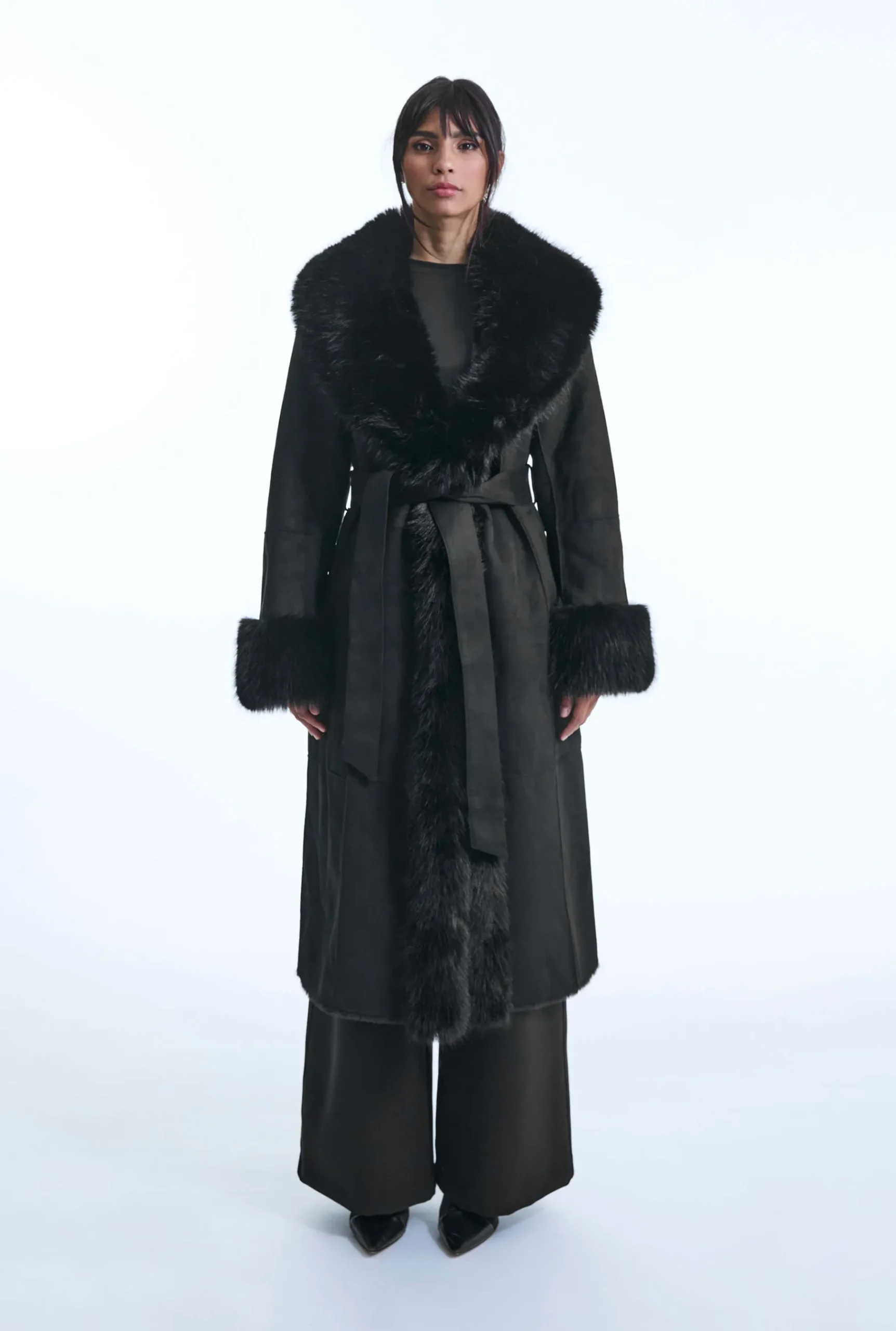 James Lakeland Faux Fur Cuff Belted Coat