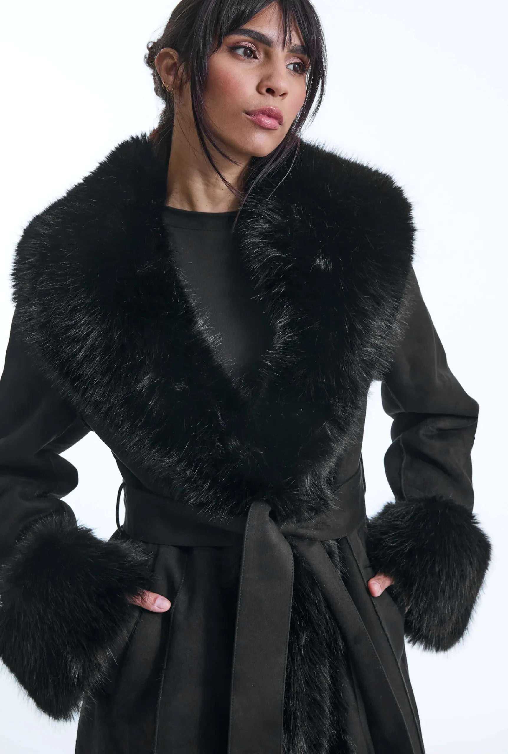 James Lakeland Faux Fur Cuff Belted Coat