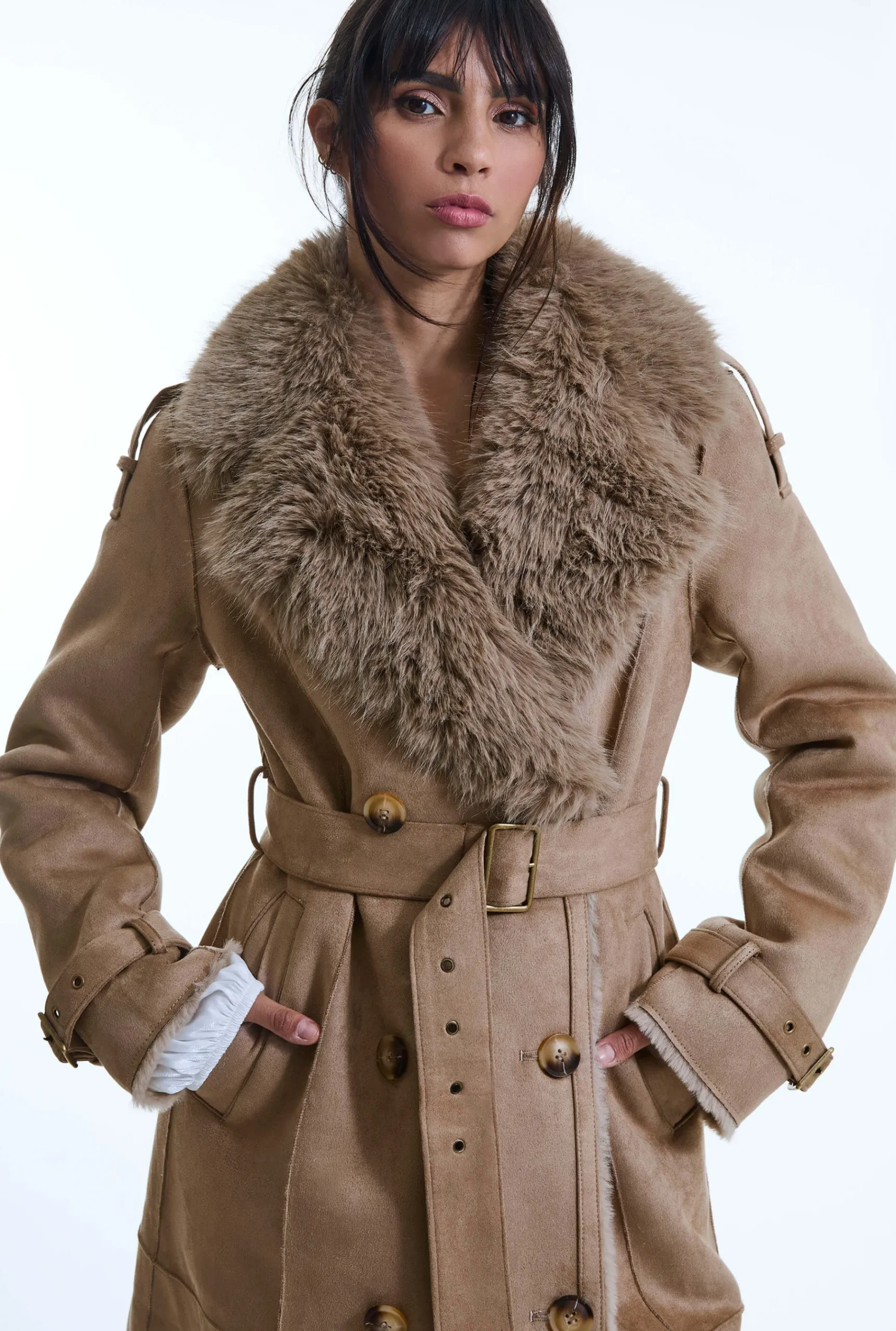 James Lakeland Faux Fur Suede Taupe Coat