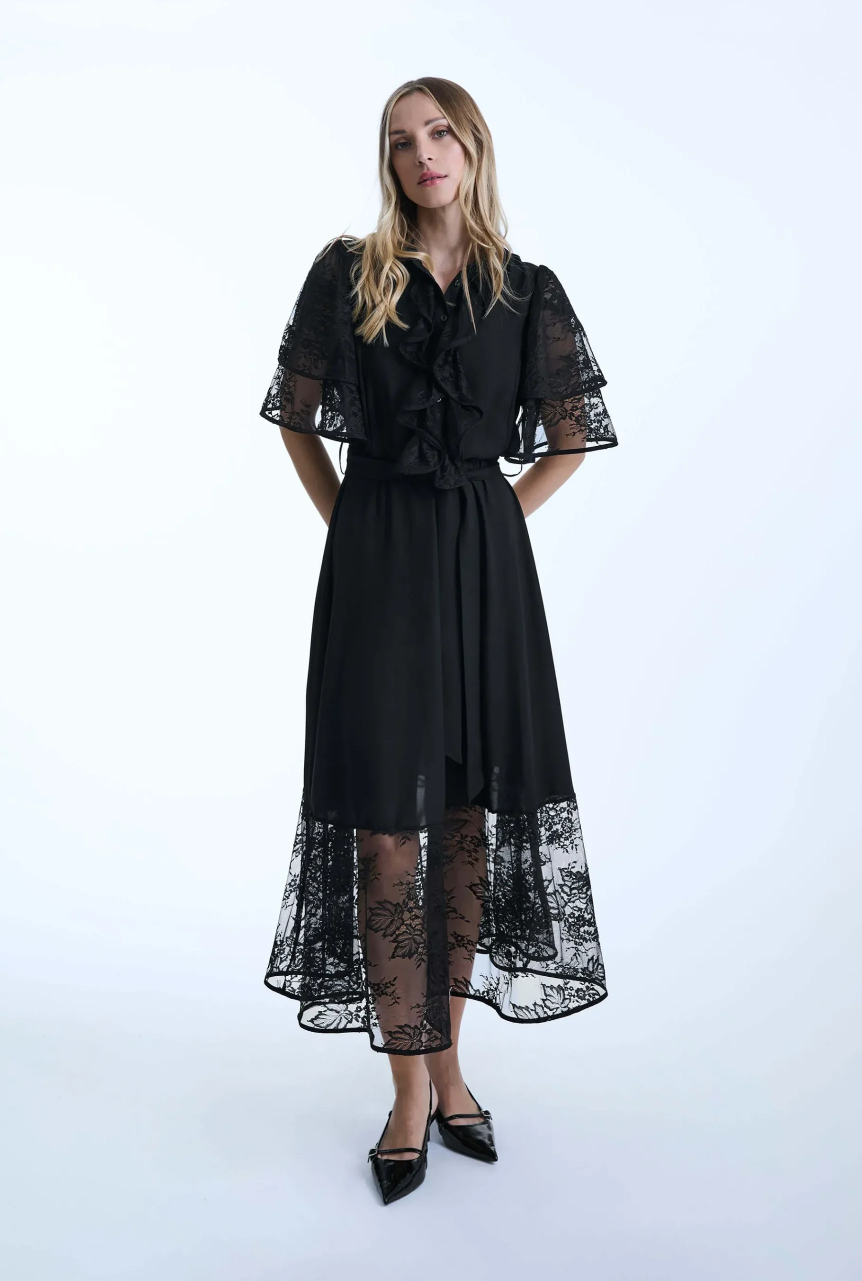 James Lakeland Front Lace Ruffle Midi Dress