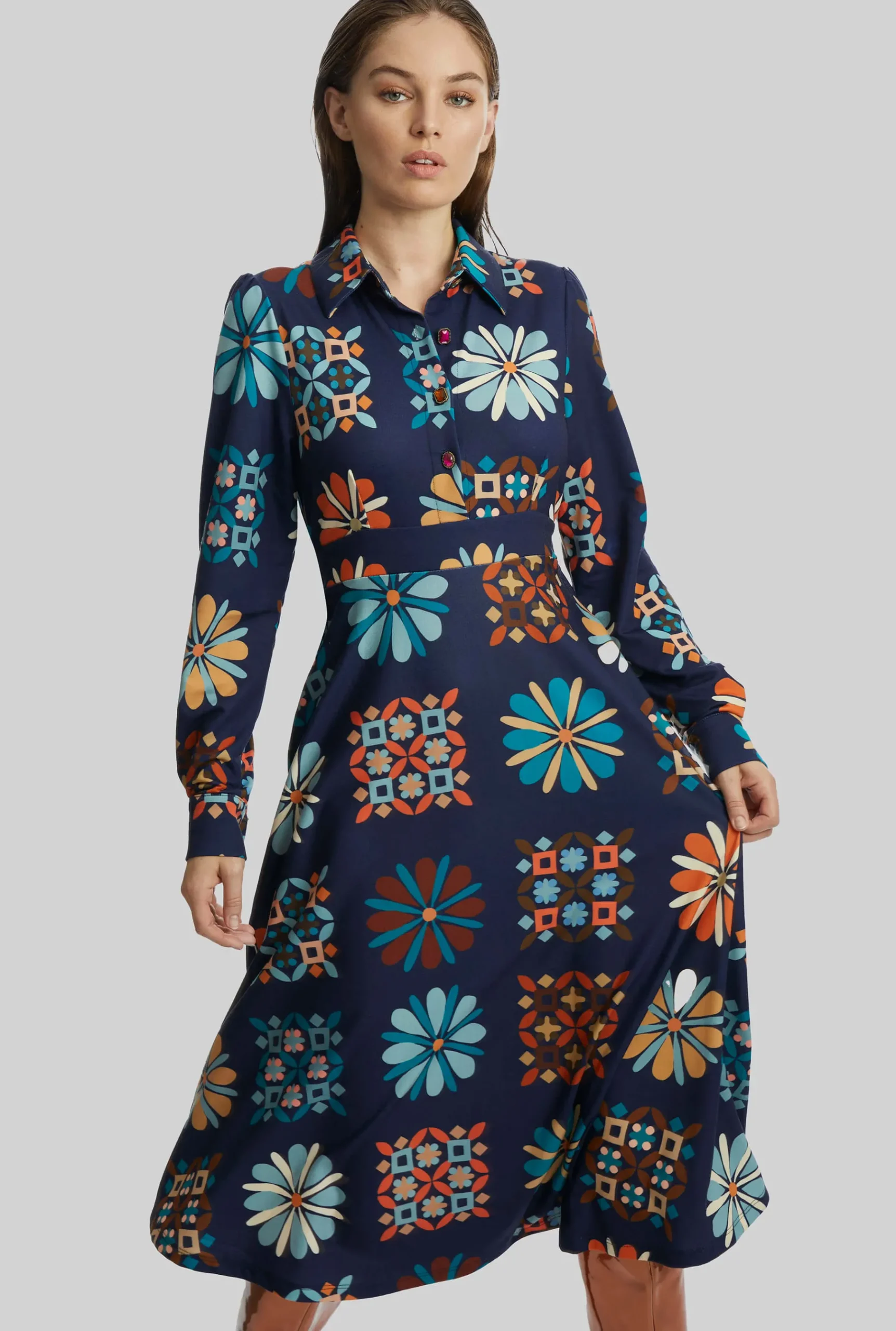 James Lakeland Jewelled Button Print Midi Dress Navy