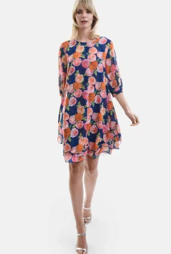 James Lakeland Rose Print Wave Hem Dress Navy