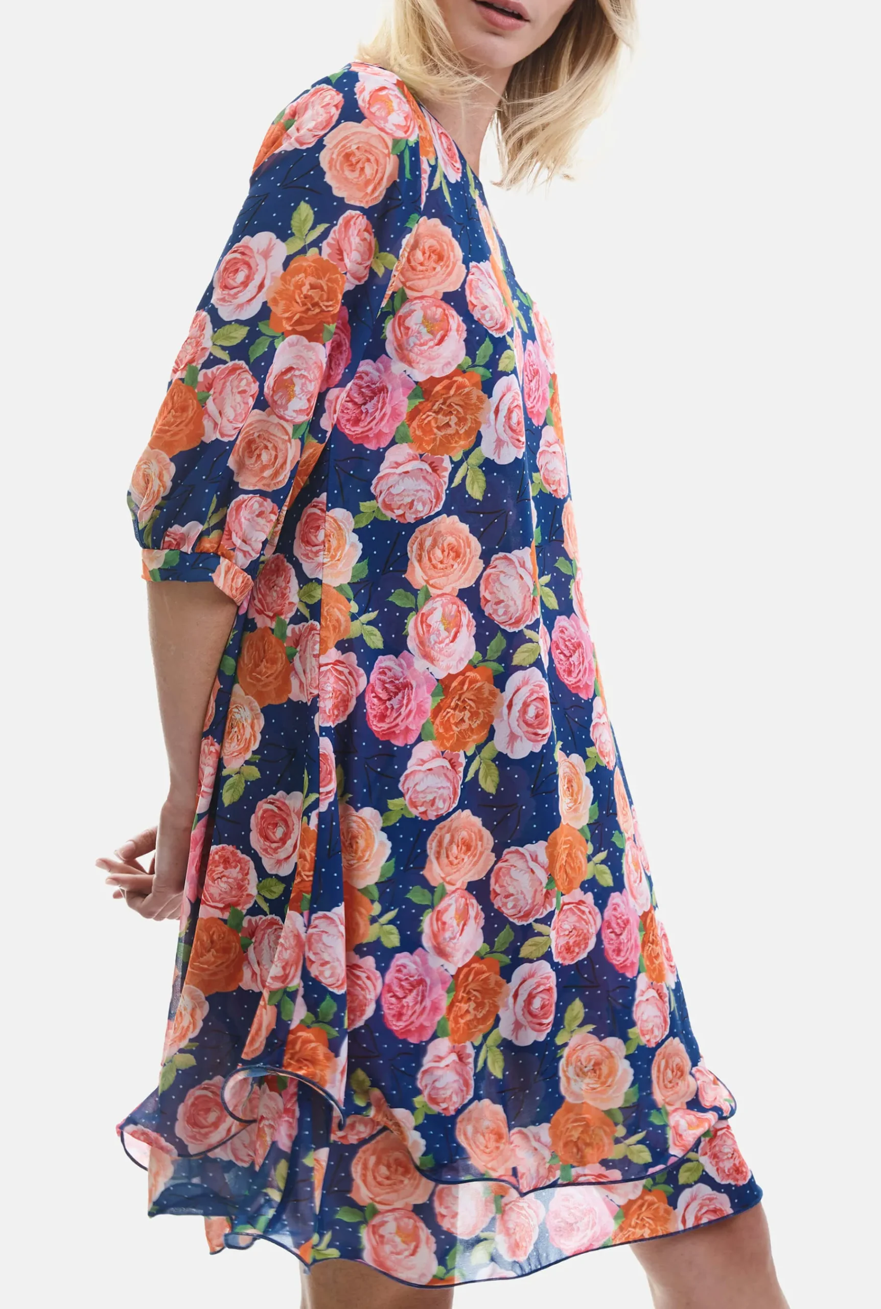 James Lakeland Rose Print Wave Hem Dress Navy