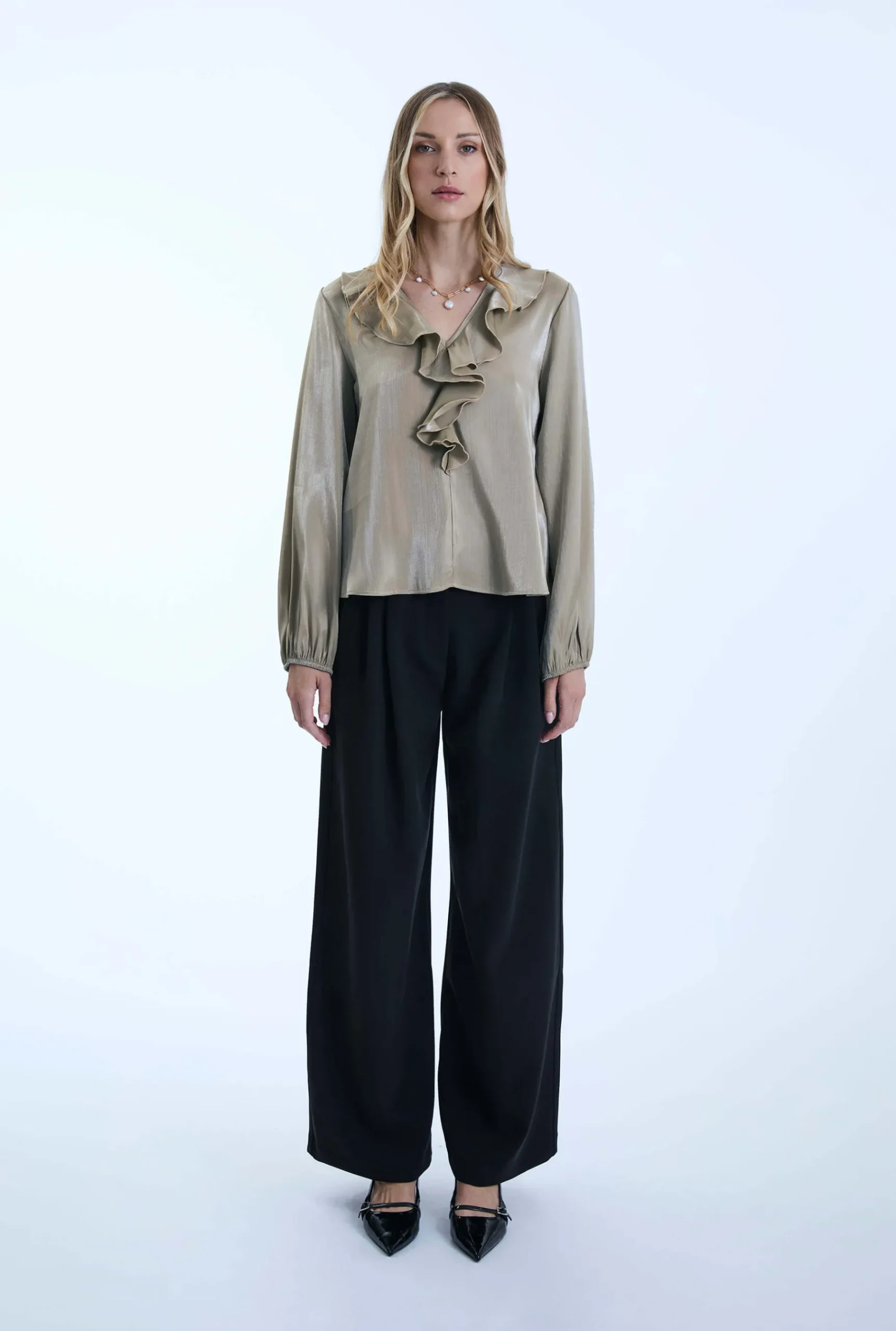 James Lakeland Sand Ruffled V-neck Blouse