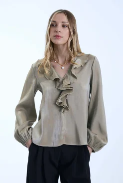 James Lakeland Sand Ruffled V-neck Blouse