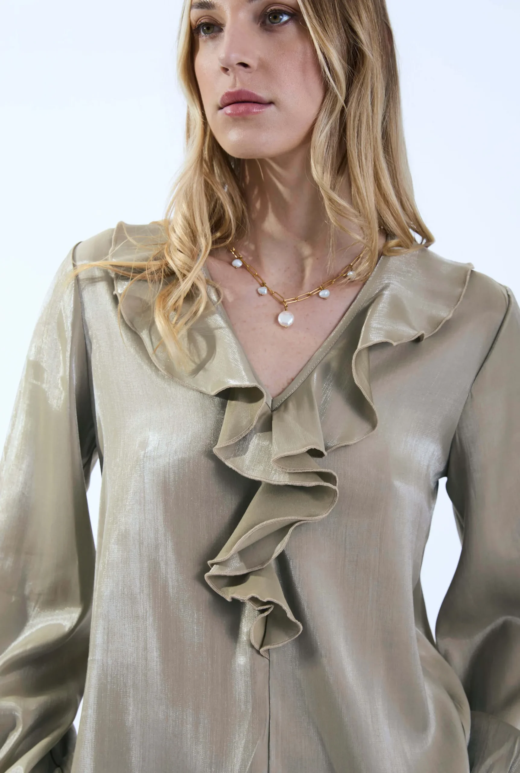 James Lakeland Sand Ruffled V-neck Blouse