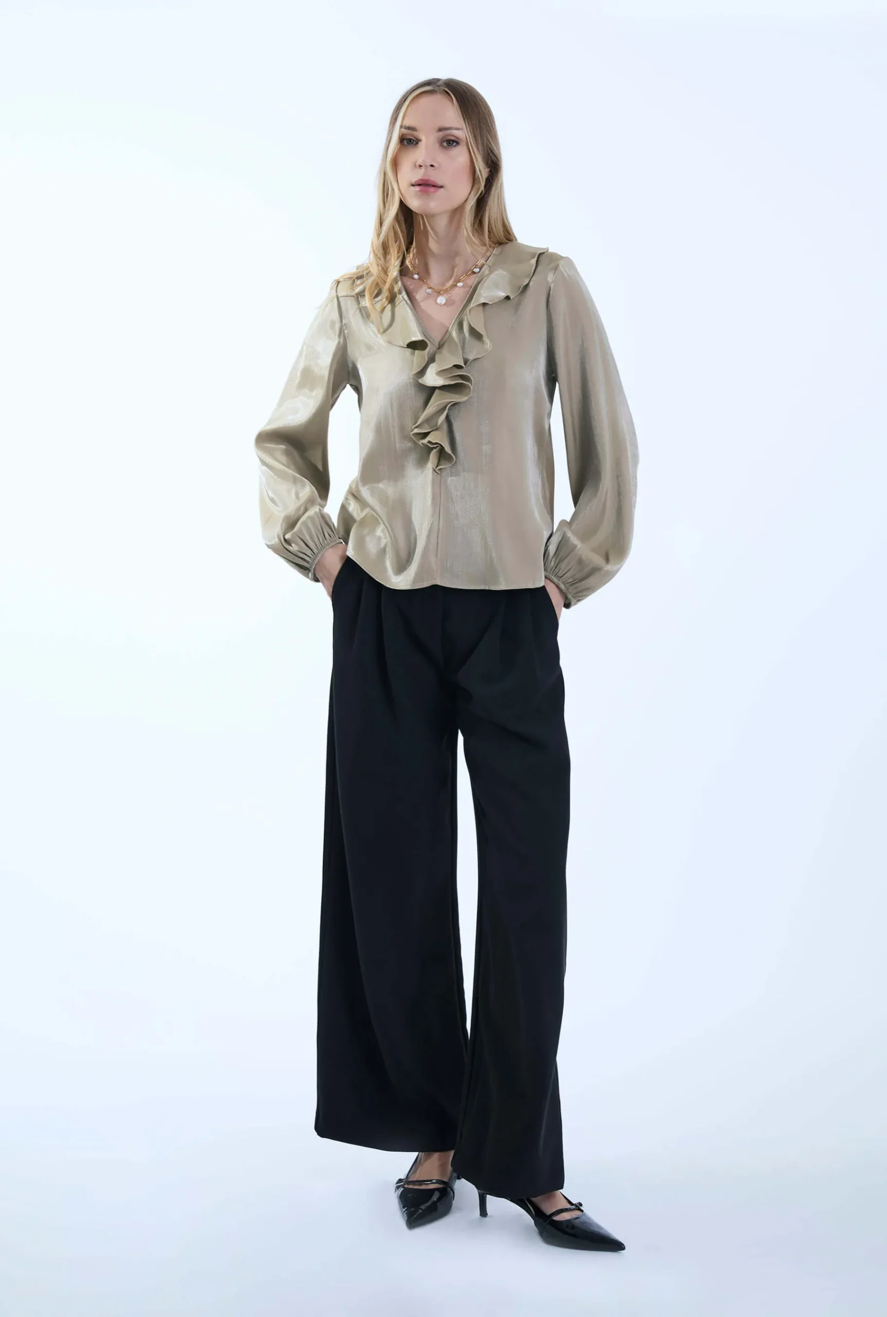 James Lakeland Sand Ruffled V-neck Blouse