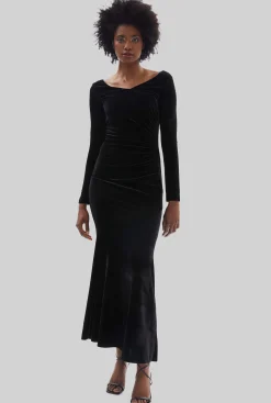James Lakeland Velvet Side Ruched Midi Dress Black