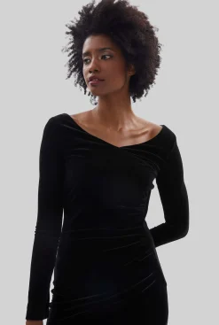 James Lakeland Velvet Side Ruched Midi Dress Black