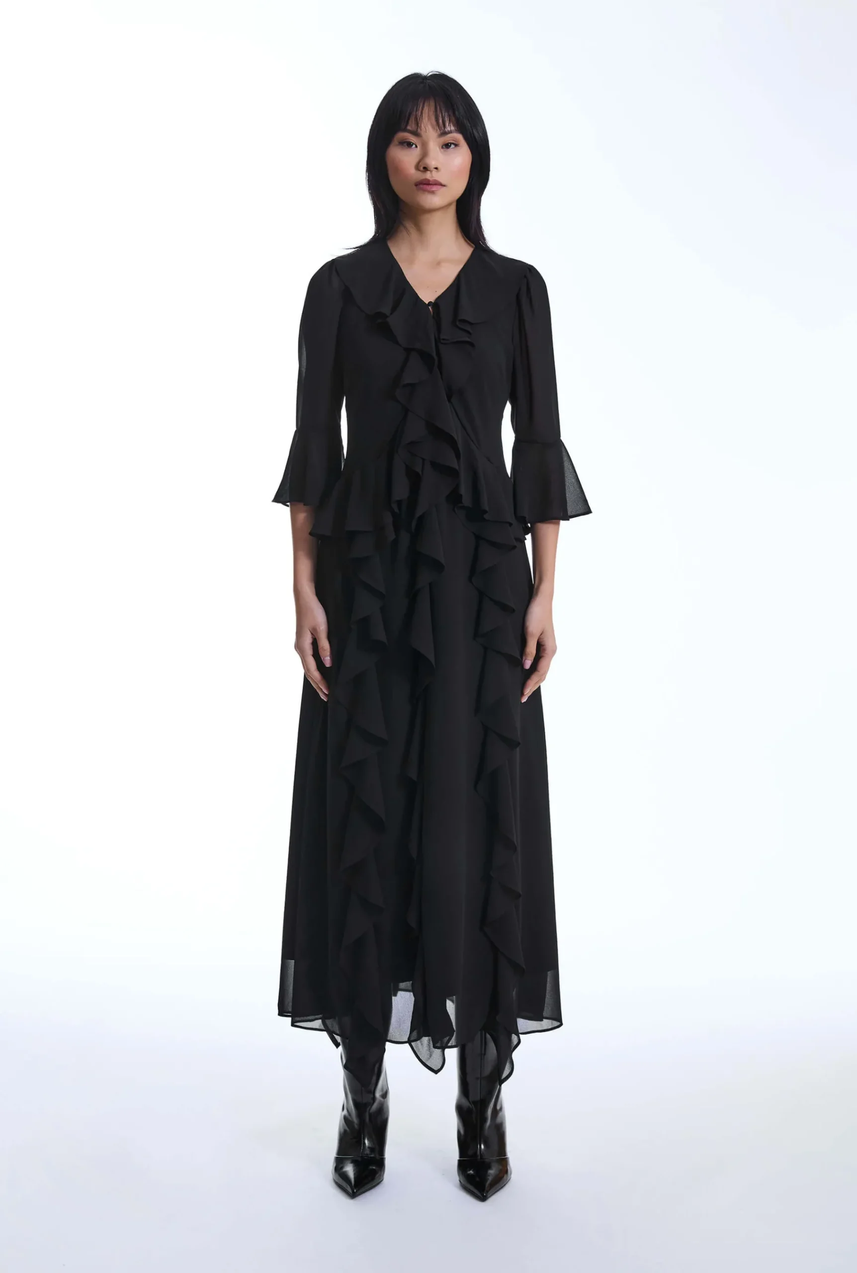 James Lakeland V-Neck Ruffle Black Dress
