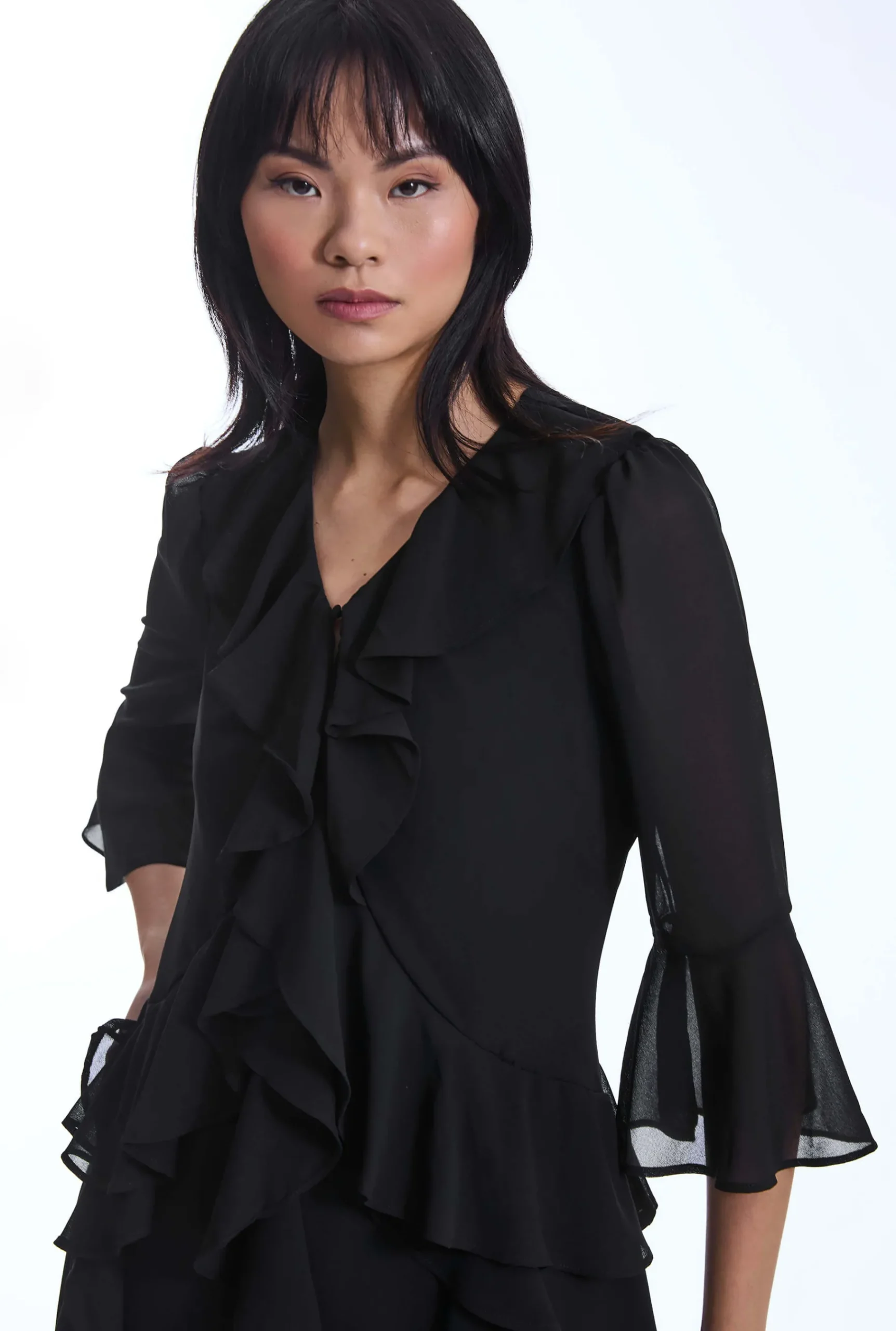 James Lakeland V-Neck Ruffle Black Dress
