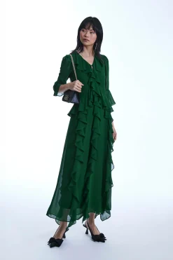 James Lakeland V-Neck Ruffle Green Dress