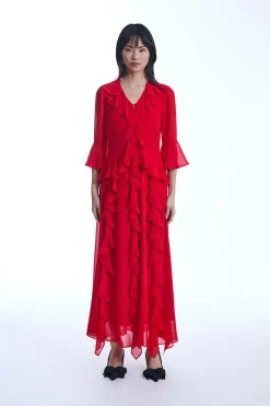 James Lakeland V-Neck Ruffle Red Dress
