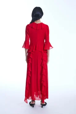 James Lakeland V-Neck Ruffle Red Dress