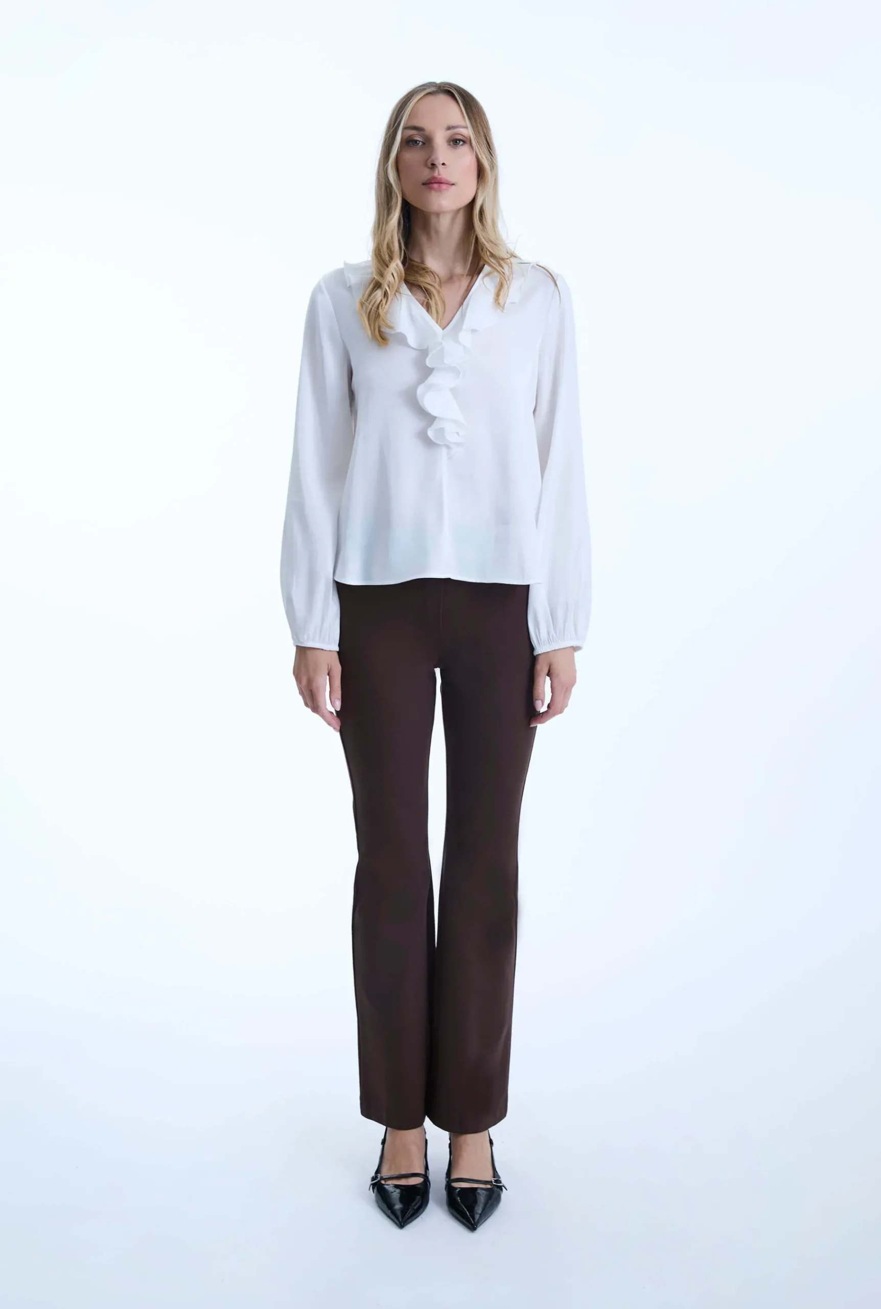 James Lakeland White Ruffled V-neck Blouse