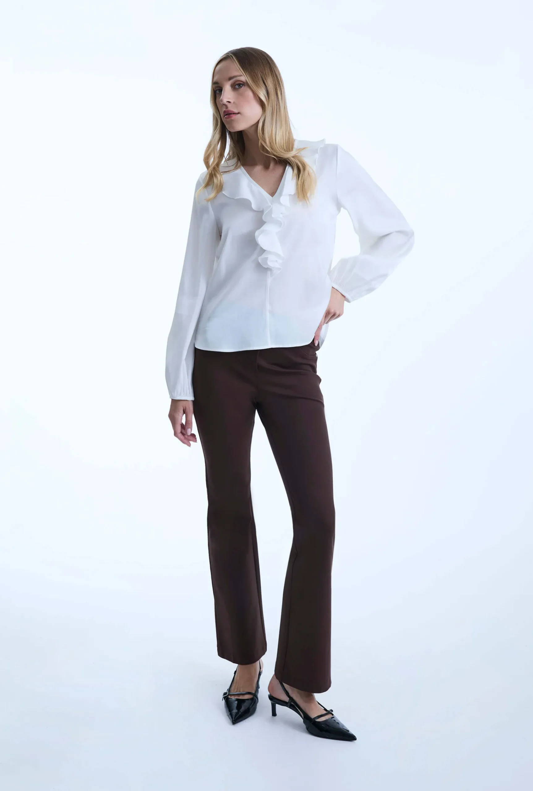 James Lakeland White Ruffled V-neck Blouse